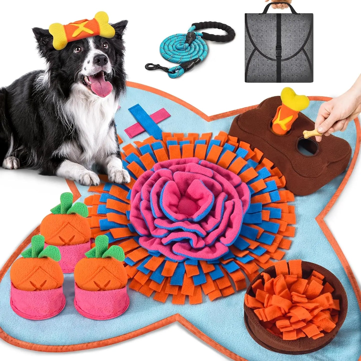 Interactive Snuffle Mat for Large Dogs (32'' x 20'') with Dog Leash - Nosework and Foraging Solution for Cats and Rabbits, Promotes Slow Feeding and Stress Relief