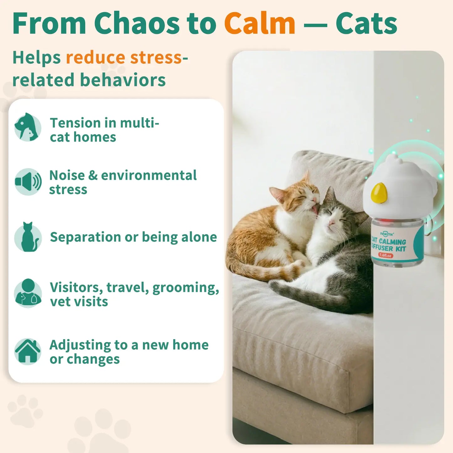 PAWITH 60-Day Cat Calming Diffuser with Pheromones for Stress Relief, Urine Marking, Aggression, and Excessive Vocalization - Includes 60-Day Refill