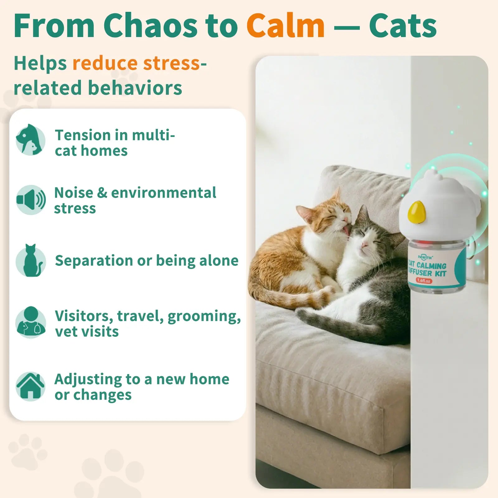 PAWITH 60-Day Cat Calming Diffuser with Pheromones for Stress Relief, Urine Marking, Aggression, and Excessive Vocalization - Includes 60-Day Refill