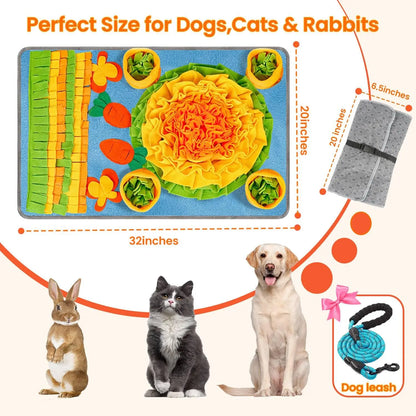 Interactive Snuffle Mat for Large Dogs (32'' x 20'') with Dog Leash - Nosework and Foraging Solution for Cats and Rabbits, Promotes Slow Feeding and Stress Relief