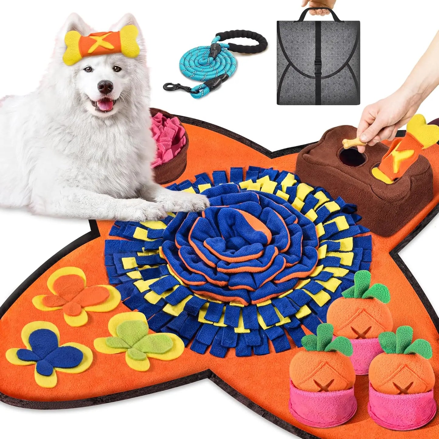 Interactive Snuffle Mat for Large Dogs (32'' x 20'') with Dog Leash - Nosework and Foraging Solution for Cats and Rabbits, Promotes Slow Feeding and Stress Relief