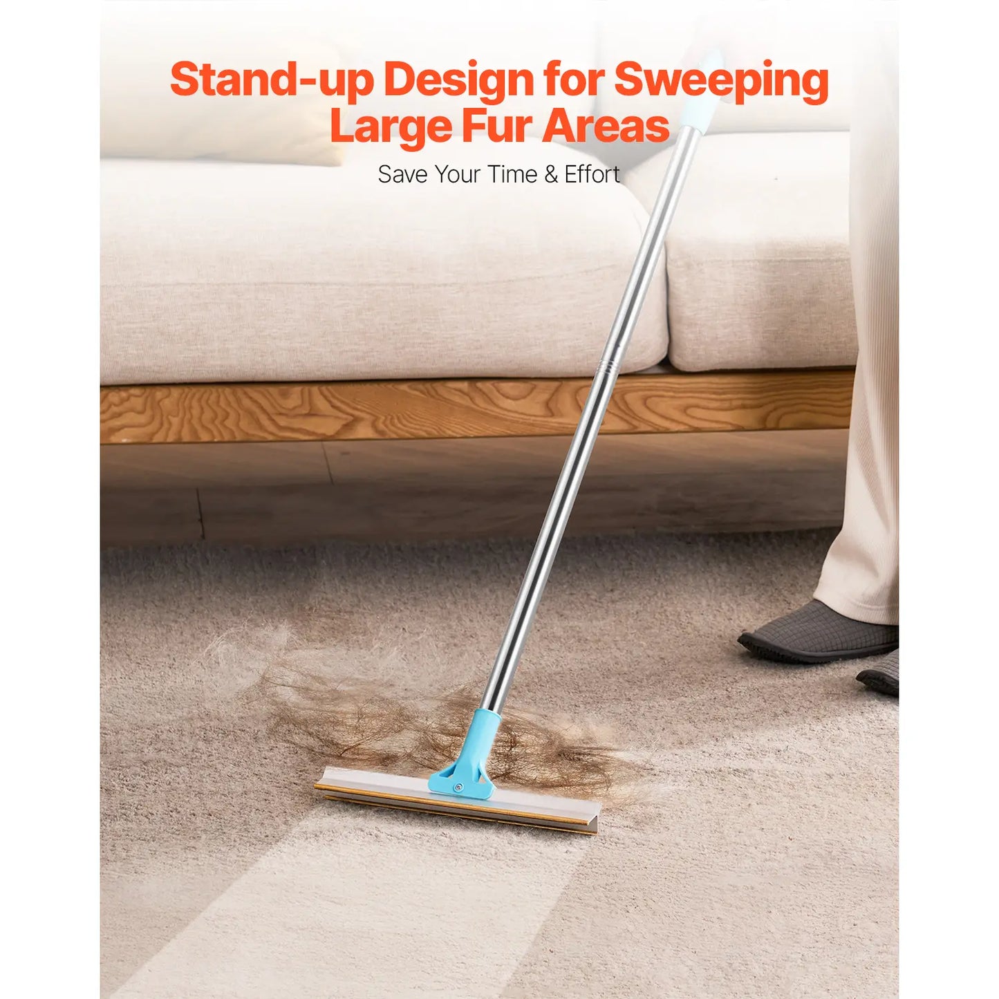 Vevor Adjustable Pet Hair Carpet Rake Brush with Copper Bristles - 3-Section Long Handle (35.83-55.51 in) for Effective Fur Removal from Carpets, Rugs, and Couches