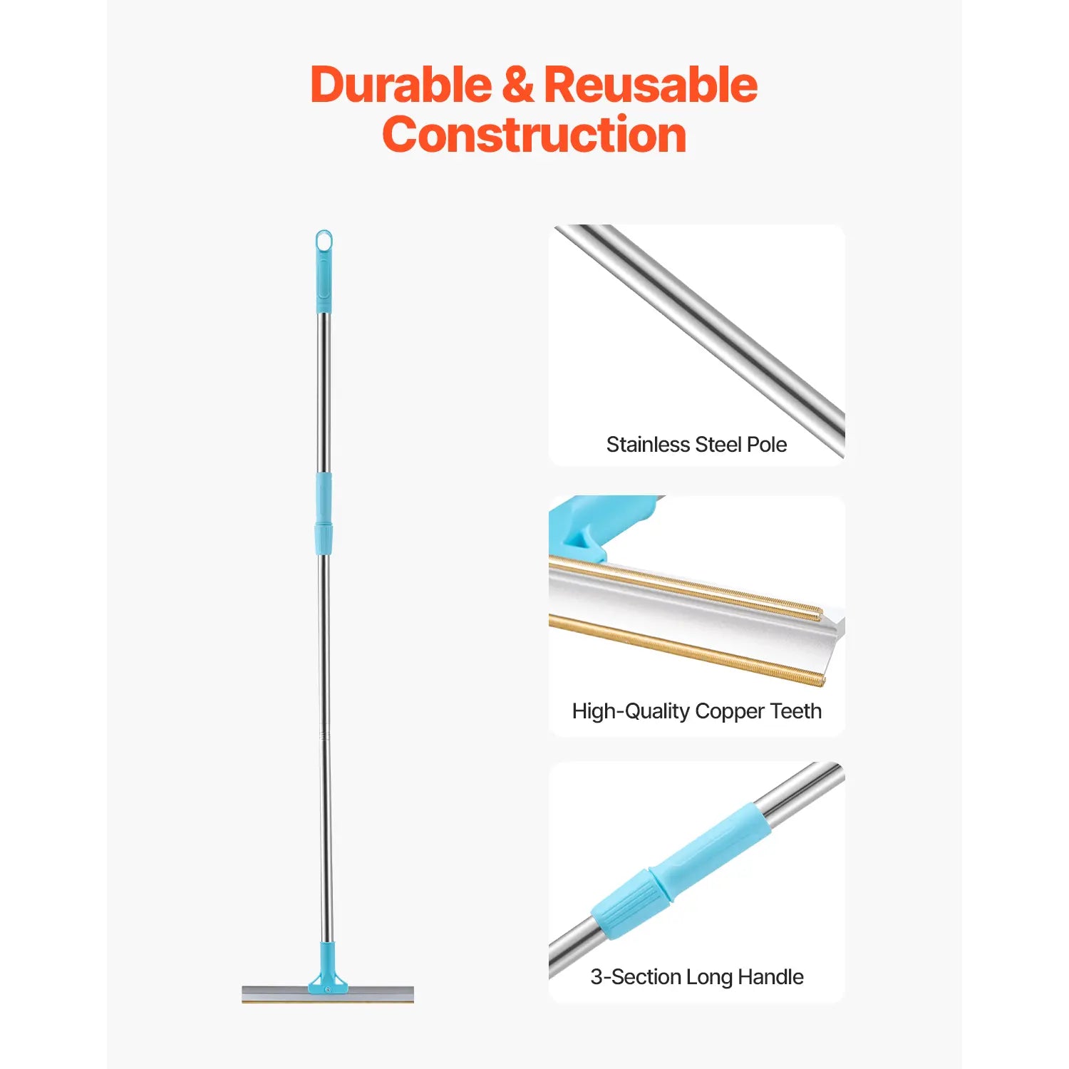 Vevor Adjustable Pet Hair Carpet Rake Brush with Copper Bristles - 3-Section Long Handle (35.83-55.51 in) for Effective Fur Removal from Carpets, Rugs, and Couches