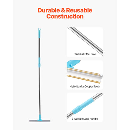 Vevor Adjustable Pet Hair Carpet Rake Brush with Copper Bristles - 3-Section Long Handle (35.83-55.51 in) for Effective Fur Removal from Carpets, Rugs, and Couches