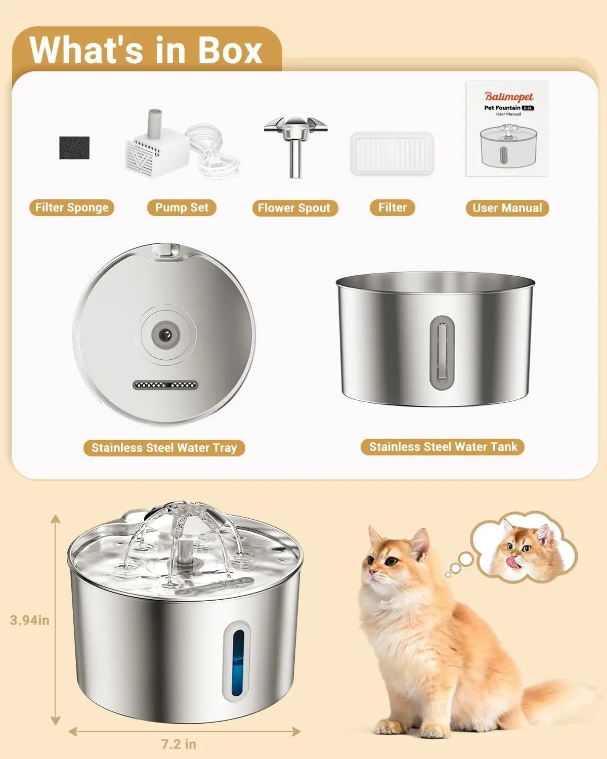 Stainless Steel Cat Water Fountain - 74Oz/2.2L Automatic Silent Pet Water Dispenser for Indoor Use with 3 Filters & 3 Sponges