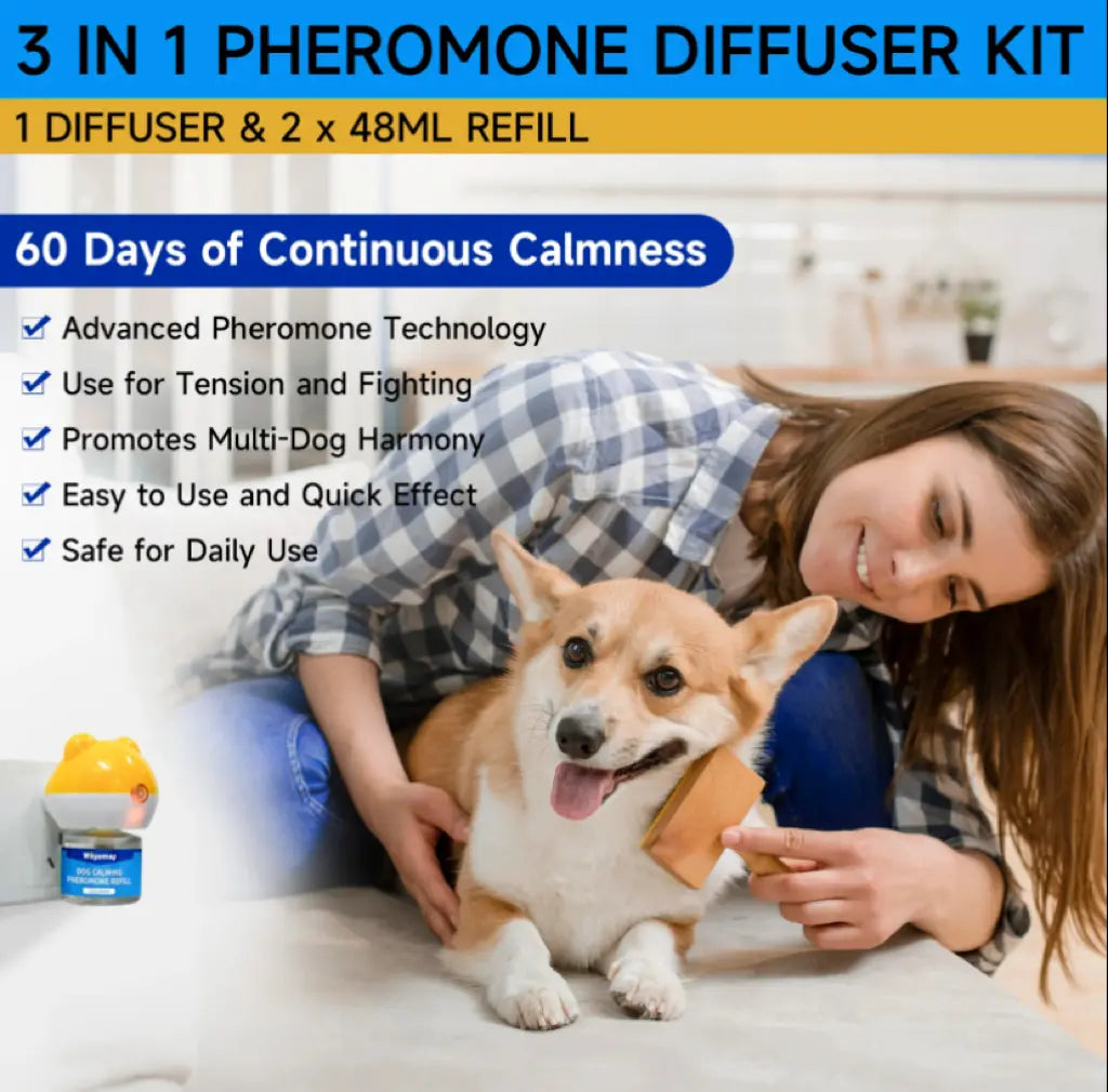 Dog Calming Diffuser Refill Kit - 2-Pack (60-Day Supply) - 3-in-1 Pheromone Refills for Stress Relief, Separation Anxiety, Urination Issues, Excessive Barking, and Destructive Behavior Management.