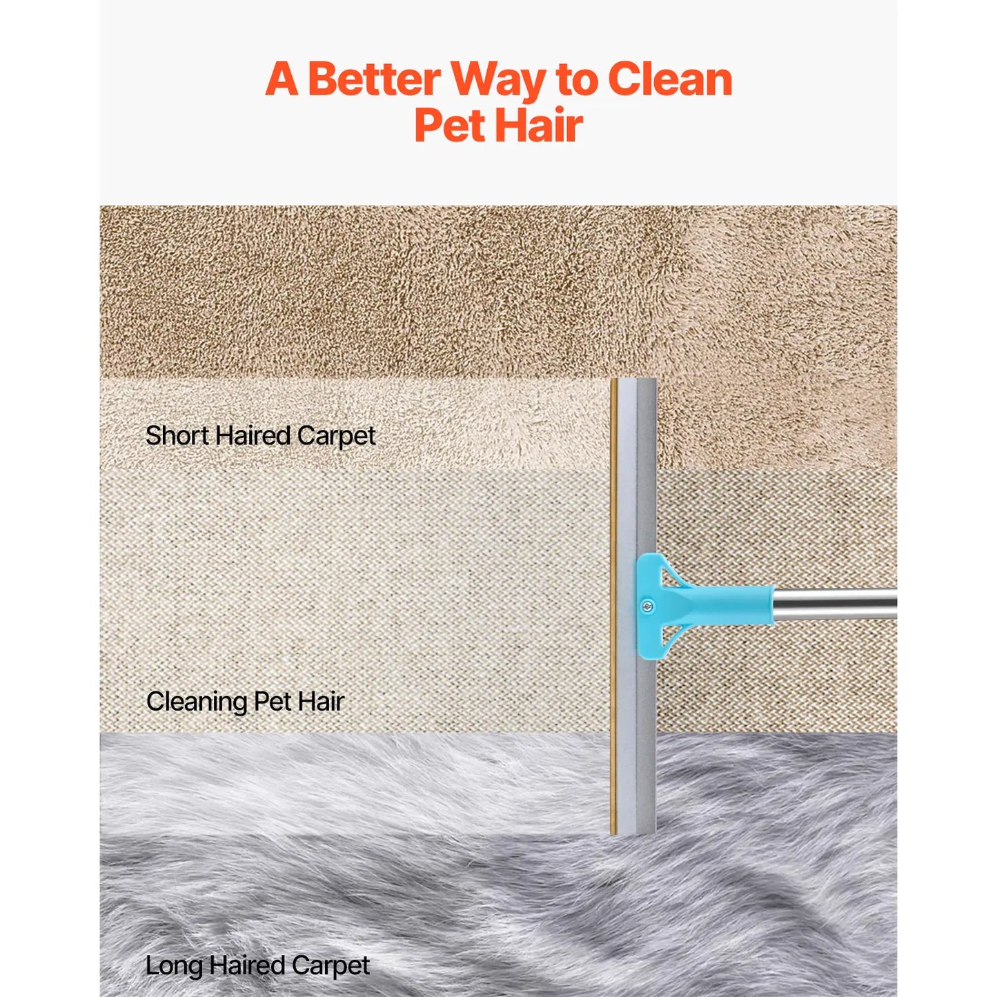 Vevor Adjustable Pet Hair Carpet Rake Brush with Copper Bristles - 3-Section Long Handle (35.83-55.51 in) for Effective Fur Removal from Carpets, Rugs, and Couches