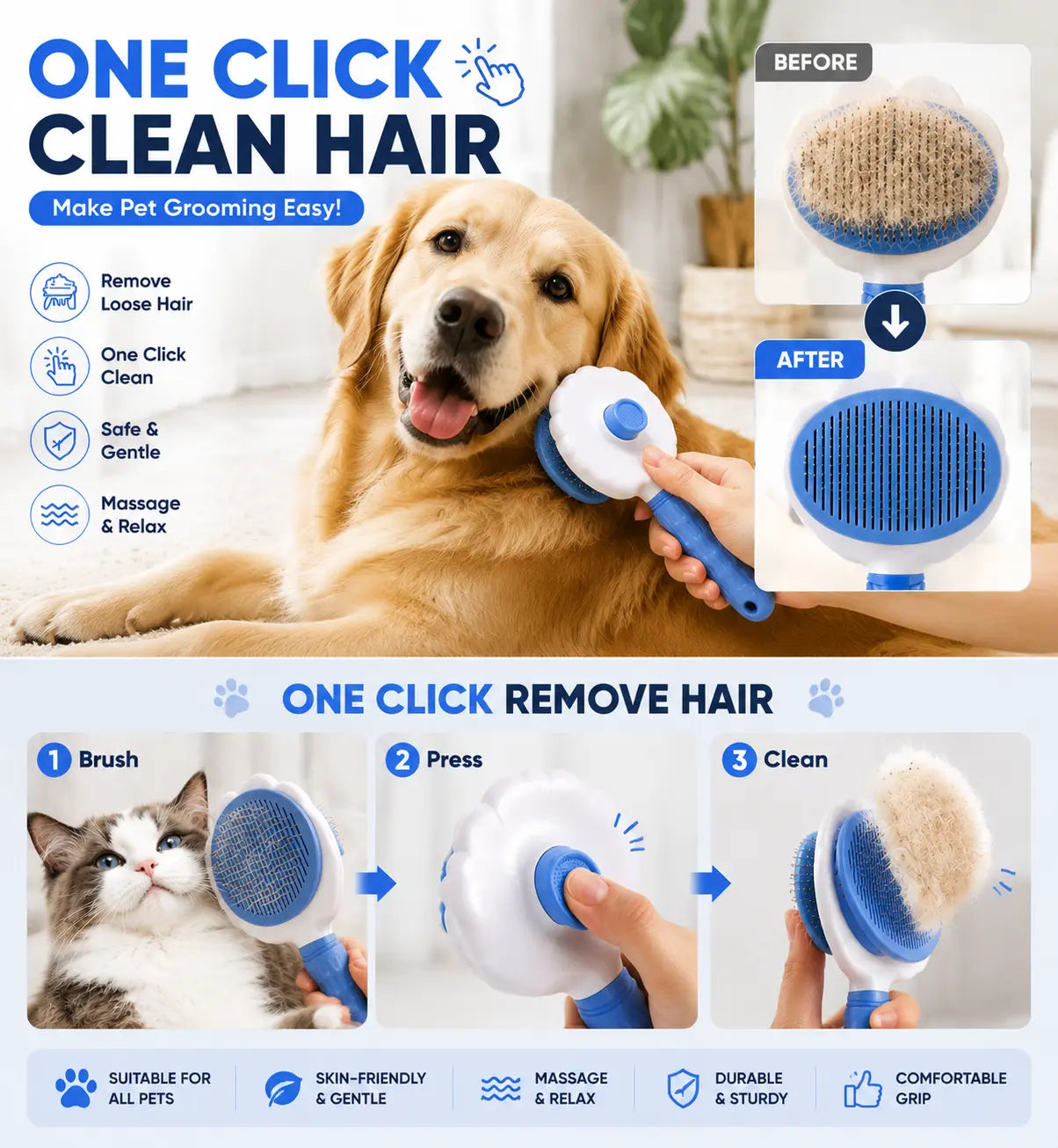 Self-Cleaning Pet Grooming Detangling Comb - Flexible Bent Pin Brush for Dogs and Cats, Effective Hair Detangling, Gentle Cleaning, Shedding Control, Soothing Massage, Non-Slip Grip, Universal Design