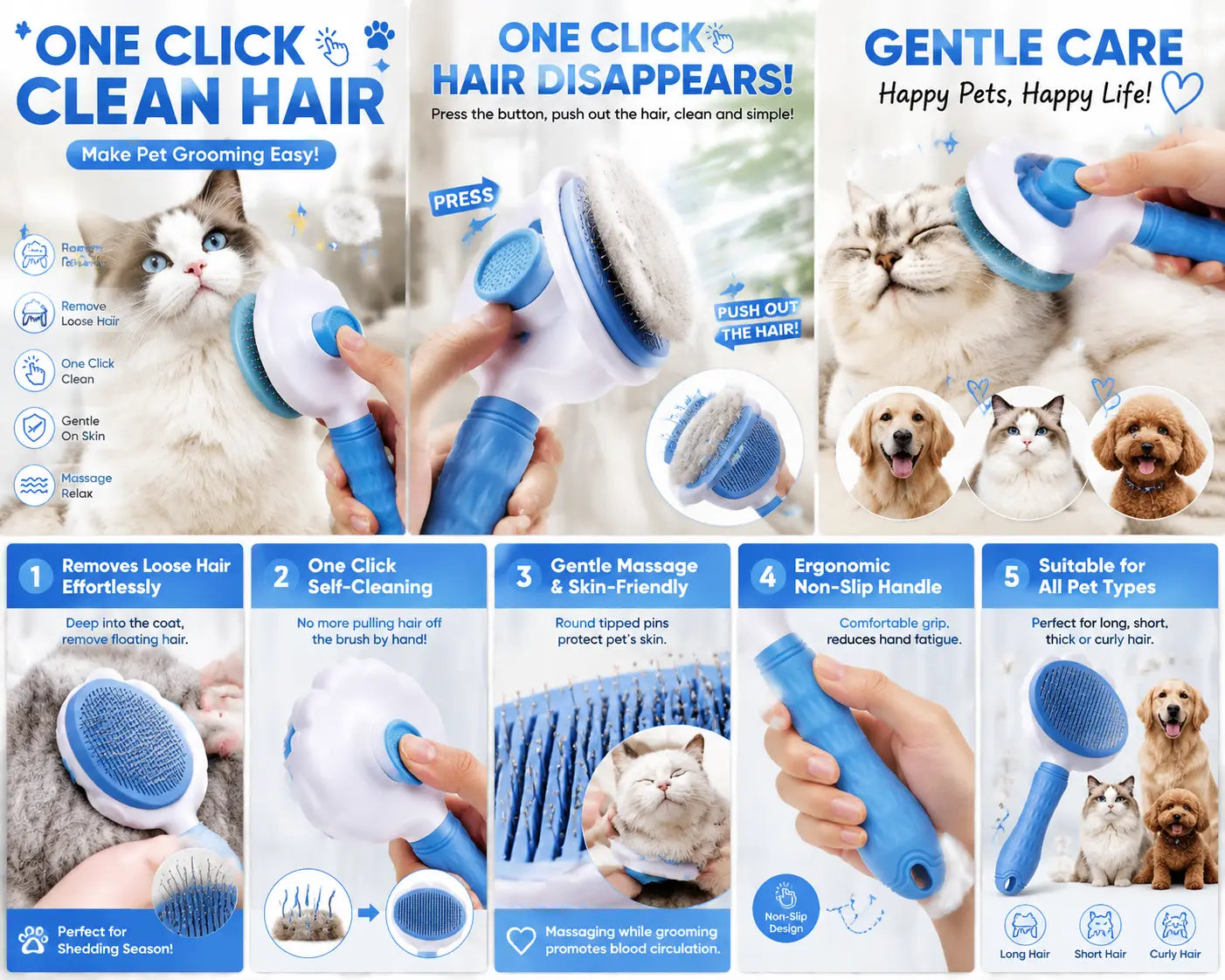 Self-Cleaning Pet Grooming Detangling Comb - Flexible Bent Pin Brush for Dogs and Cats, Effective Hair Detangling, Gentle Cleaning, Shedding Control, Soothing Massage, Non-Slip Grip, Universal Design