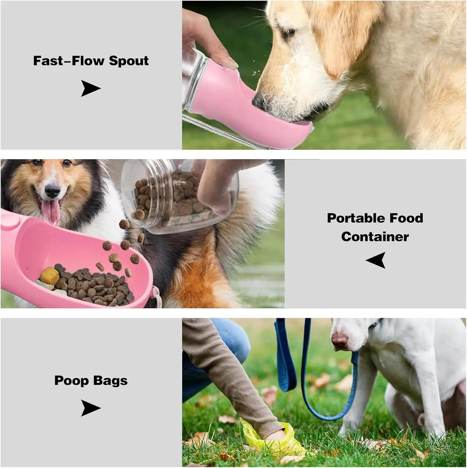 3-in-1 Portable Pet Water Bottle with Leak-Proof Storage and Integrated Poop Bag Dispenser - Perfect for Travel, Hiking, and Outdoor Walks. Easy to Disassemble and Clean, Designed for Practical Daily Use and Dry Food Feeding.