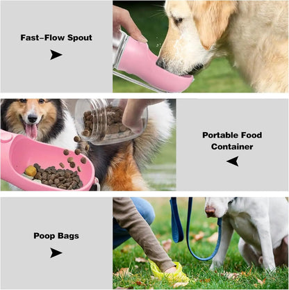3-in-1 Portable Pet Water Bottle with Leak-Proof Storage and Integrated Poop Bag Dispenser - Perfect for Travel, Hiking, and Outdoor Walks. Easy to Disassemble and Clean, Designed for Practical Daily Use and Dry Food Feeding.