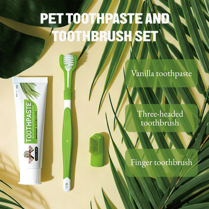 Pet Dental Care Kit - Includes 3-Headed Toothbrush, Finger Brush, and Natural Vanilla Flavor Toothpaste in a Convenient Storage Box for Cats and Dogs