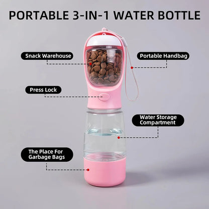 3-in-1 Portable Pet Water Bottle with Leak-Proof Storage and Integrated Poop Bag Dispenser - Perfect for Travel, Hiking, and Outdoor Walks. Easy to Disassemble and Clean, Designed for Practical Daily Use and Dry Food Feeding.