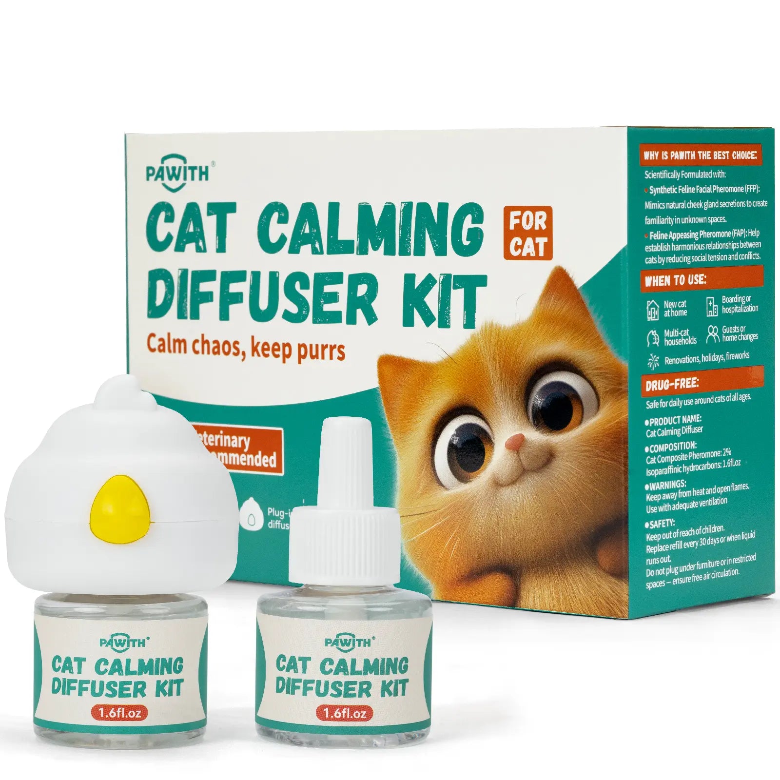 PAWITH 60-Day Cat Calming Diffuser with Pheromones for Stress Relief, Urine Marking, Aggression, and Excessive Vocalization - Includes 60-Day Refill