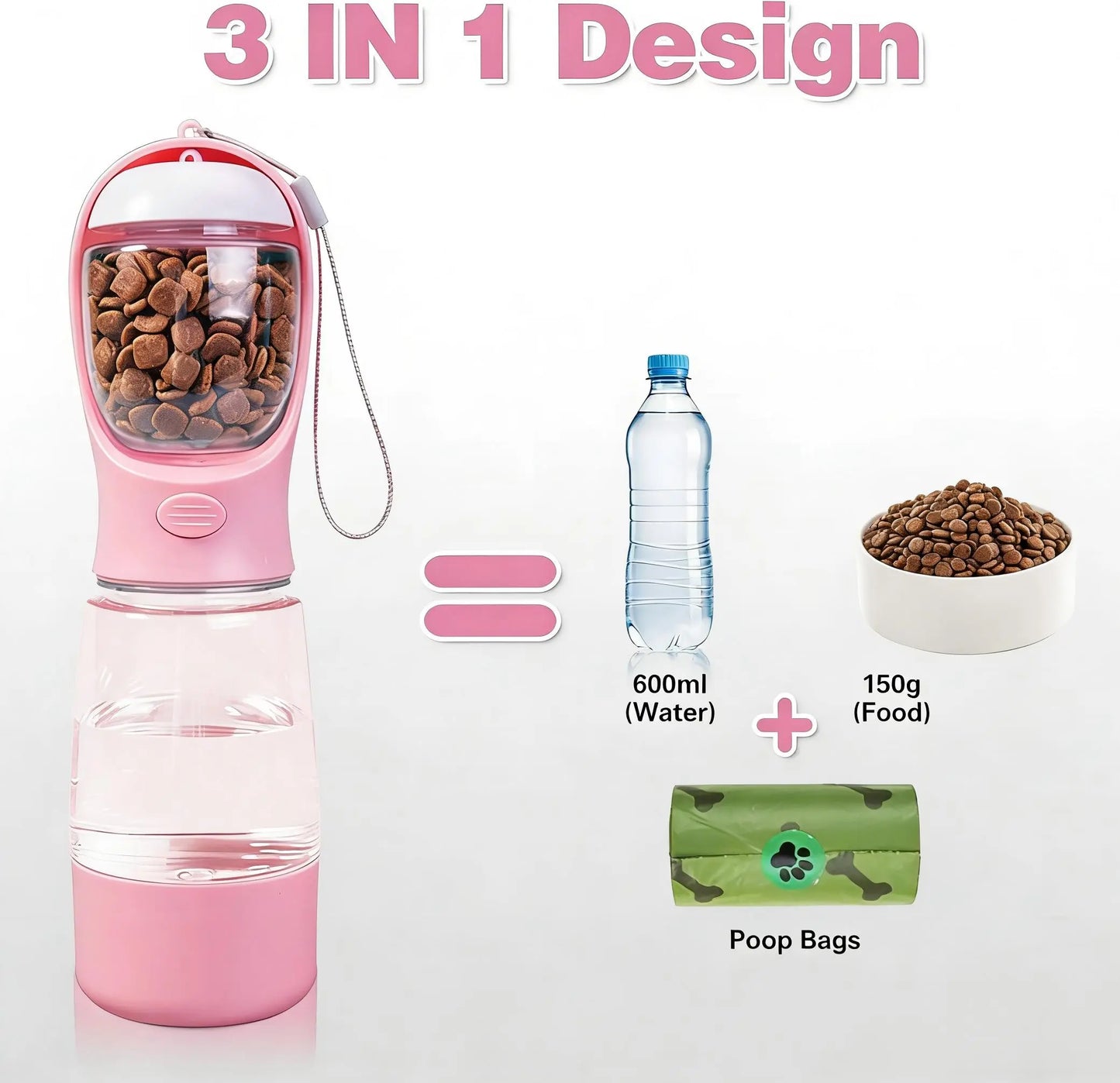 3-in-1 Portable Pet Water Bottle with Leak-Proof Storage and Integrated Poop Bag Dispenser - Perfect for Travel, Hiking, and Outdoor Walks. Easy to Disassemble and Clean, Designed for Practical Daily Use and Dry Food Feeding.