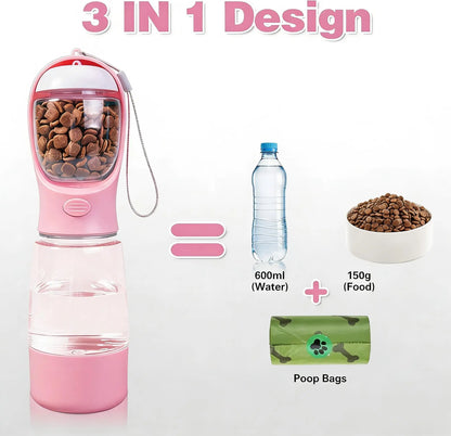 3-in-1 Portable Pet Water Bottle with Leak-Proof Storage and Integrated Poop Bag Dispenser - Perfect for Travel, Hiking, and Outdoor Walks. Easy to Disassemble and Clean, Designed for Practical Daily Use and Dry Food Feeding.