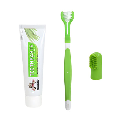 Pet Dental Care Kit - Includes 3-Headed Toothbrush, Finger Brush, and Natural Vanilla Flavor Toothpaste in a Convenient Storage Box for Cats and Dogs