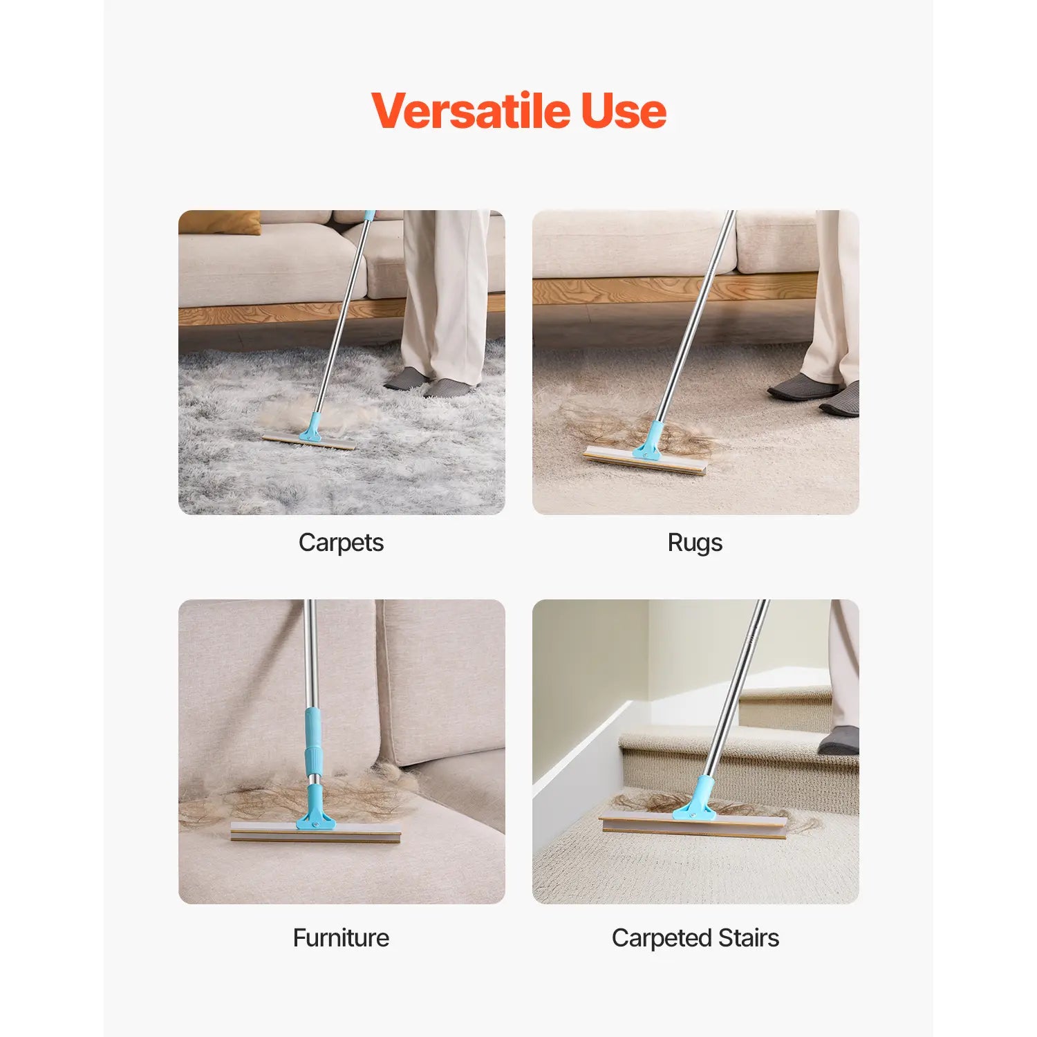 Vevor Adjustable Pet Hair Carpet Rake Brush with Copper Bristles - 3-Section Long Handle (35.83-55.51 in) for Effective Fur Removal from Carpets, Rugs, and Couches