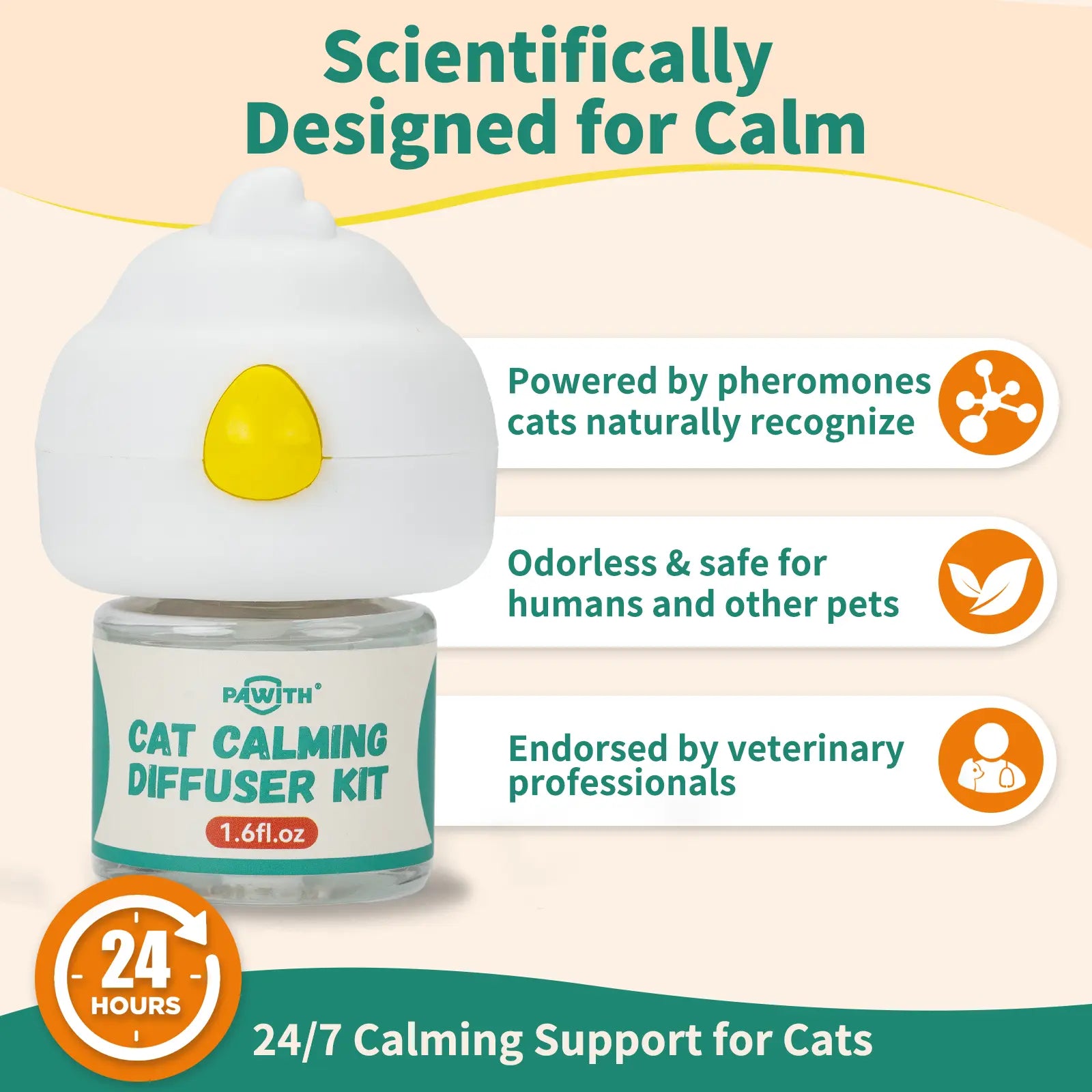 PAWITH 60-Day Cat Calming Diffuser with Pheromones for Stress Relief, Urine Marking, Aggression, and Excessive Vocalization - Includes 60-Day Refill