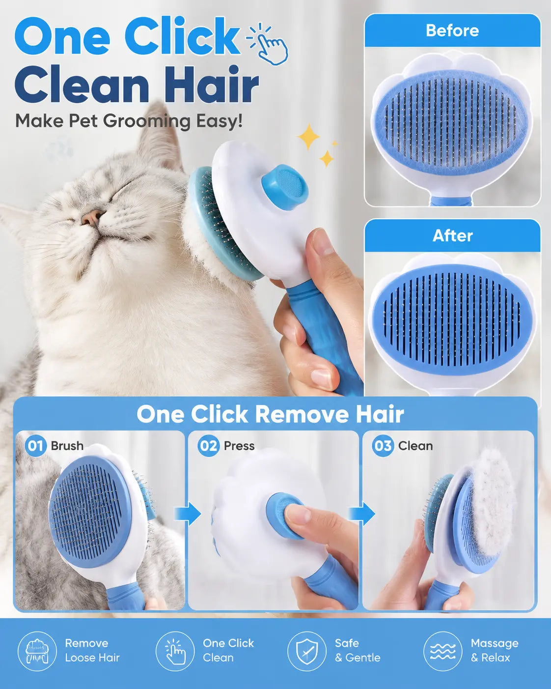 Self-Cleaning Pet Grooming Detangling Comb - Flexible Bent Pin Brush for Dogs and Cats, Effective Hair Detangling, Gentle Cleaning, Shedding Control, Soothing Massage, Non-Slip Grip, Universal Design