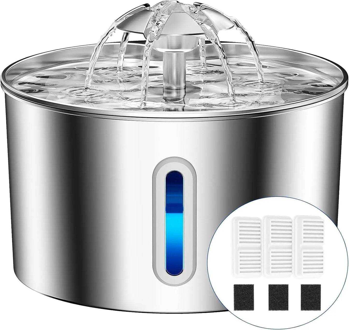 Stainless Steel Cat Water Fountain - 74Oz/2.2L Automatic Silent Pet Water Dispenser for Indoor Use with 3 Filters & 3 Sponges
