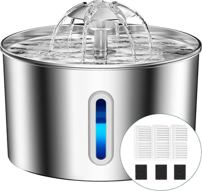 Stainless Steel Cat Water Fountain - 74Oz/2.2L Automatic Silent Pet Water Dispenser for Indoor Use with 3 Filters & 3 Sponges