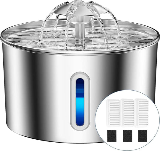 Stainless Steel Cat Water Fountain - 74Oz/2.2L Automatic Silent Pet Water Dispenser for Indoor Use with 3 Filters & 3 Sponges