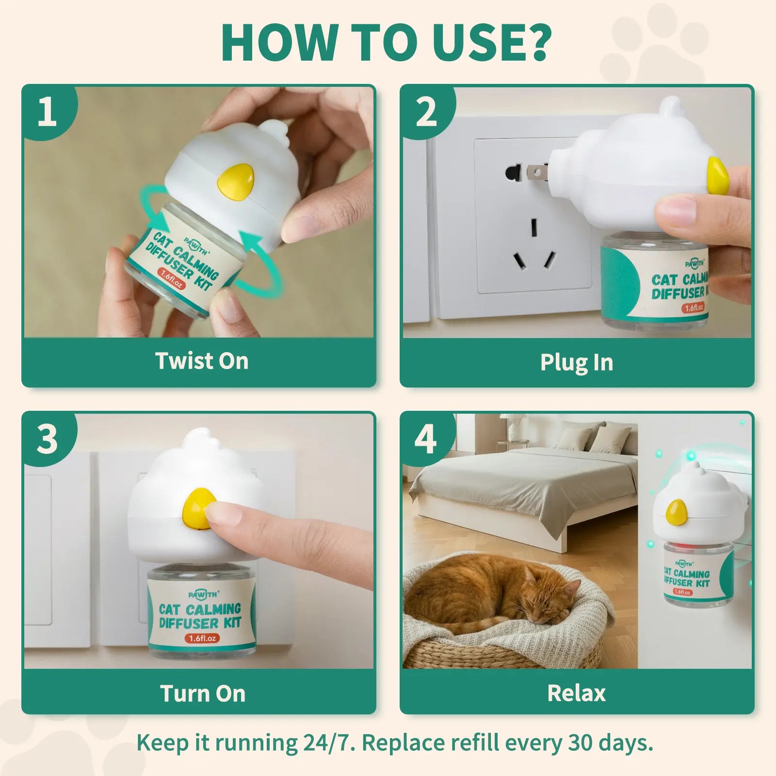 PAWITH 60-Day Cat Calming Diffuser with Pheromones for Stress Relief, Urine Marking, Aggression, and Excessive Vocalization - Includes 60-Day Refill