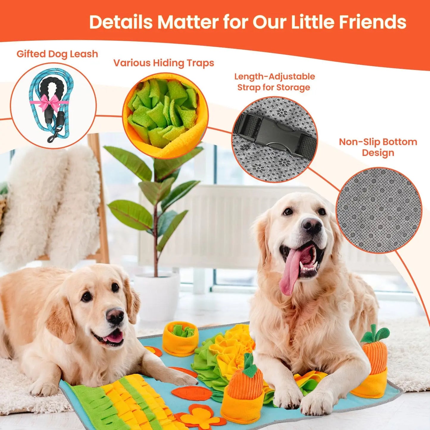 Interactive Snuffle Mat for Large Dogs (32'' x 20'') with Dog Leash - Nosework and Foraging Solution for Cats and Rabbits, Promotes Slow Feeding and Stress Relief