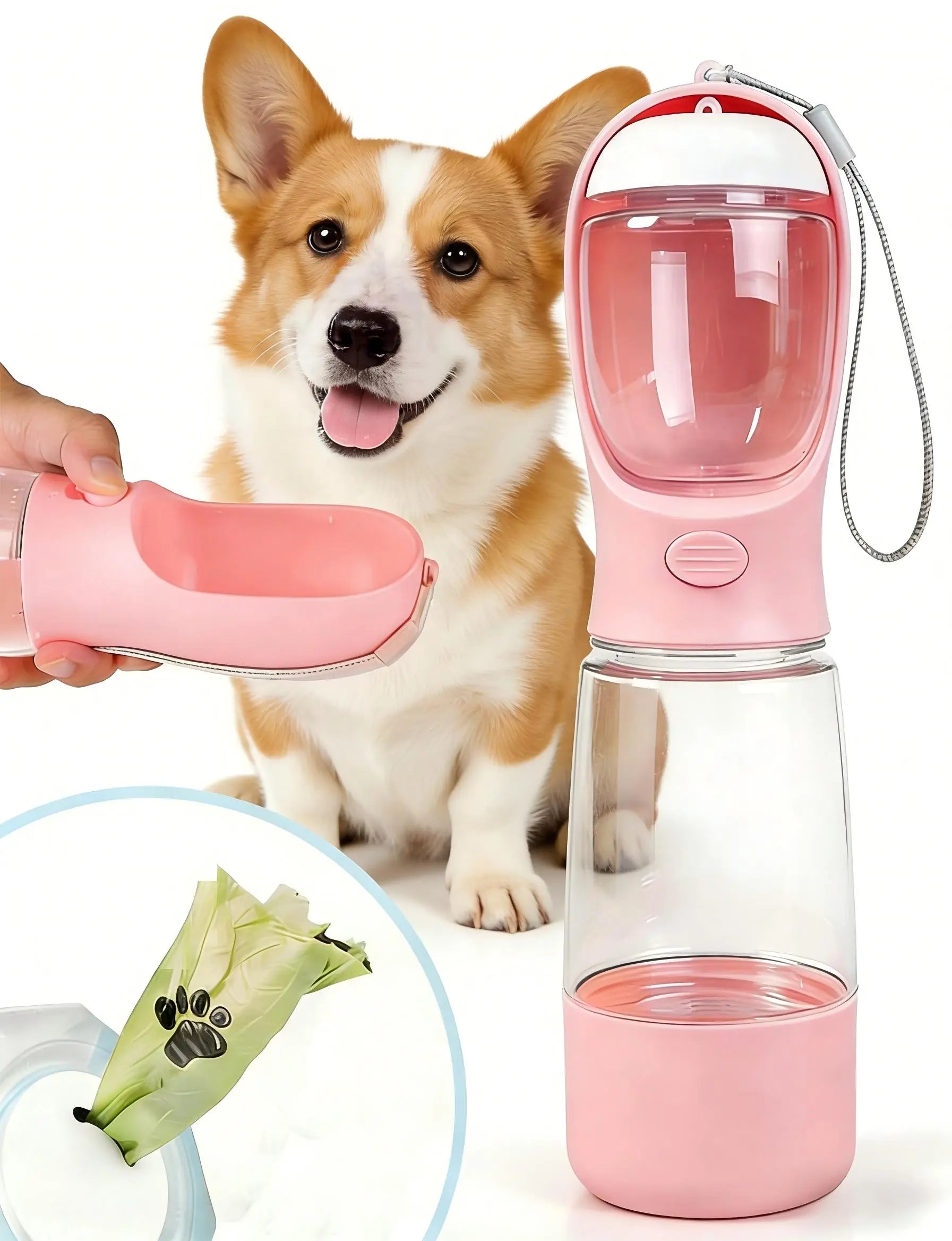 3-in-1 Portable Pet Water Bottle with Leak-Proof Storage and Integrated Poop Bag Dispenser - Perfect for Travel, Hiking, and Outdoor Walks. Easy to Disassemble and Clean, Designed for Practical Daily Use and Dry Food Feeding.