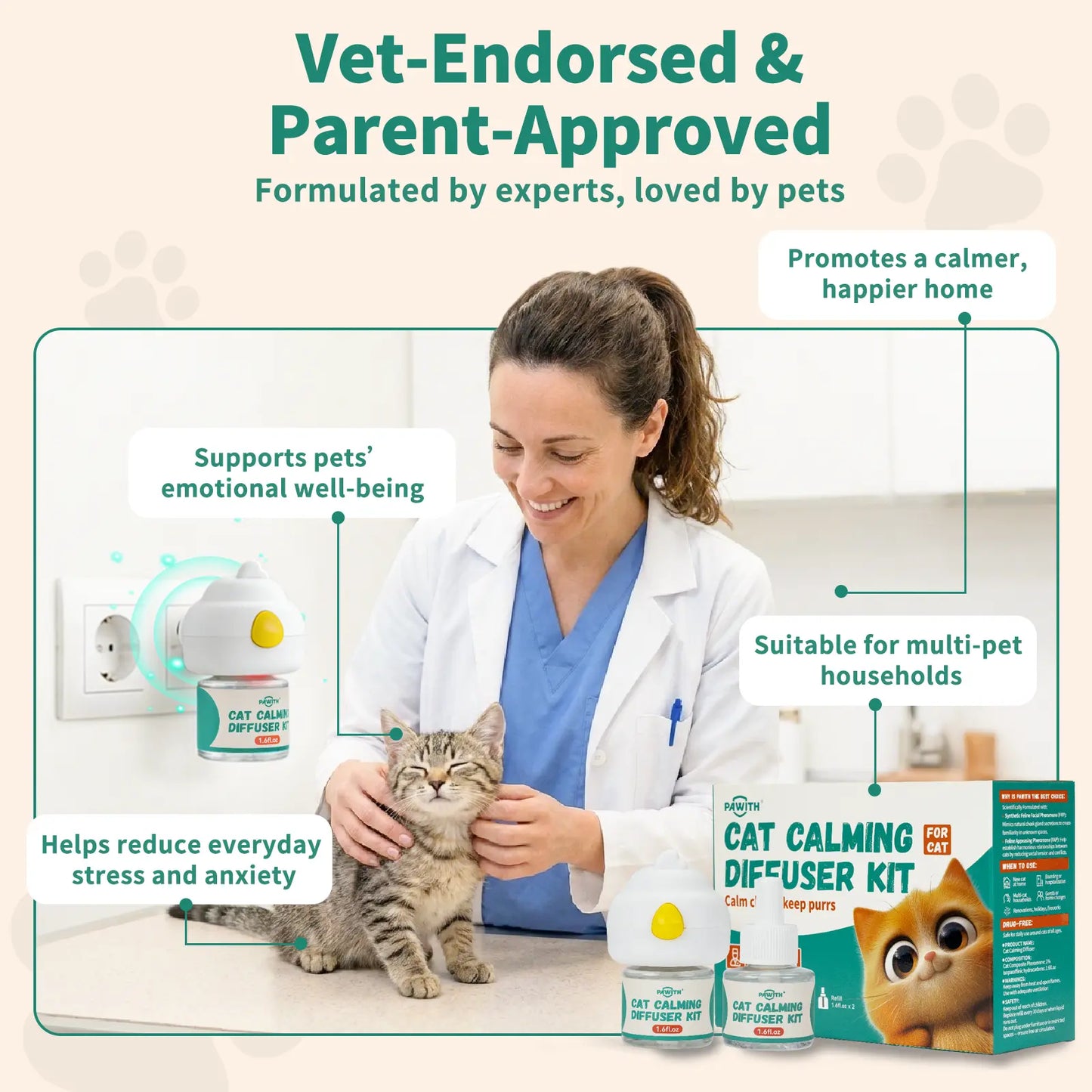 PAWITH 60-Day Cat Calming Diffuser with Pheromones for Stress Relief, Urine Marking, Aggression, and Excessive Vocalization - Includes 60-Day Refill
