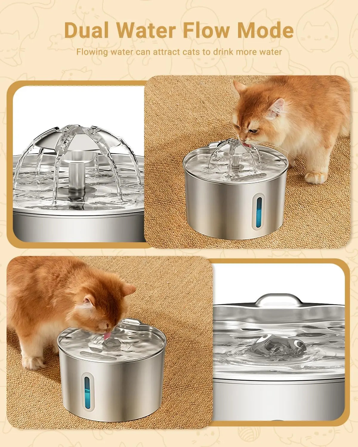 Stainless Steel Cat Water Fountain - 74Oz/2.2L Automatic Silent Pet Water Dispenser for Indoor Use with 3 Filters & 3 Sponges